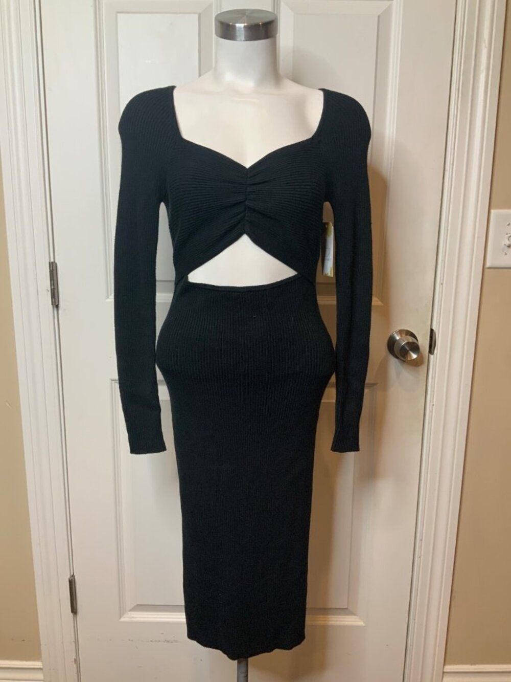 Abercrombie & Fitch Black Rib Knit Cutout Long Sleeve Midi Dress, Size S